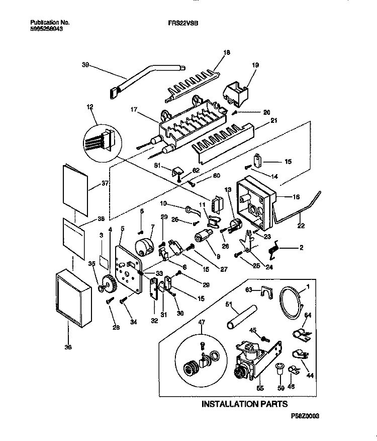 ICE MAKER & INSTALLATION COMPONENTS Diagram and Parts List for FRS22VSBD0  Frigidaire Refrigerator