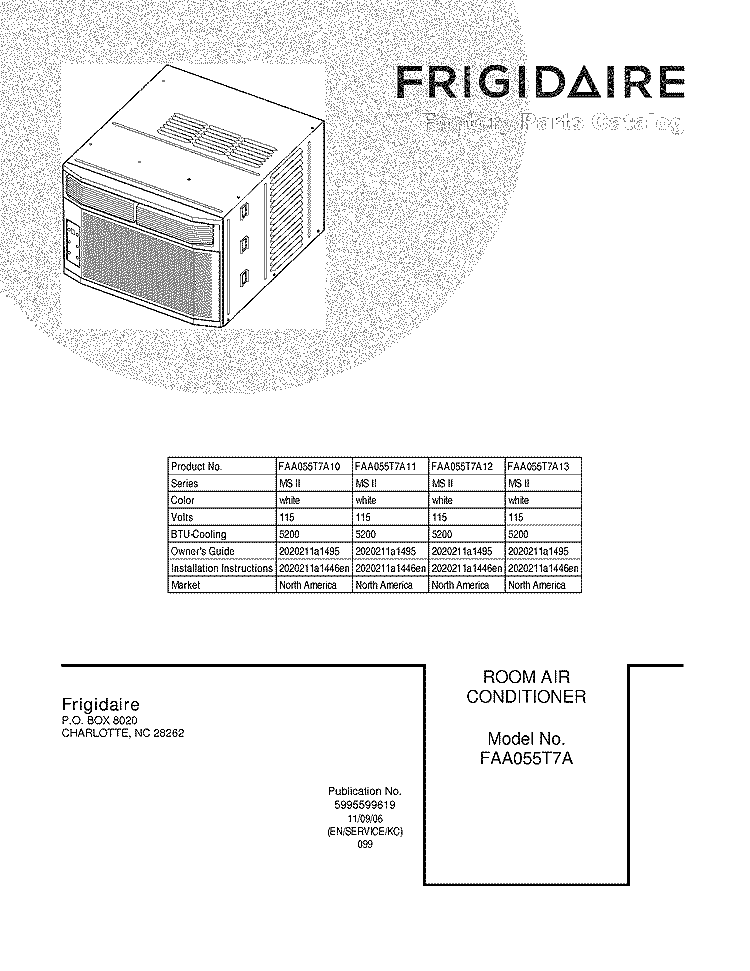 COVER Diagram and Parts List for FAA055T7A11  Frigidaire Air Conditioner