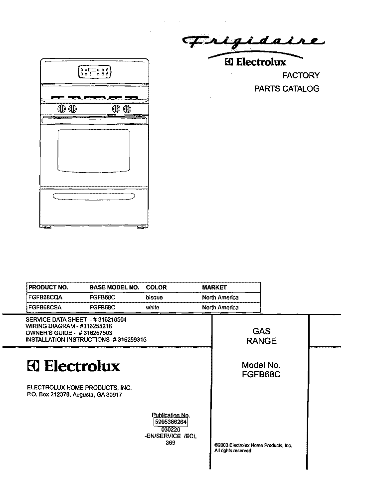 COVER Diagram and Parts List for FGFB68CQA  Frigidaire Range