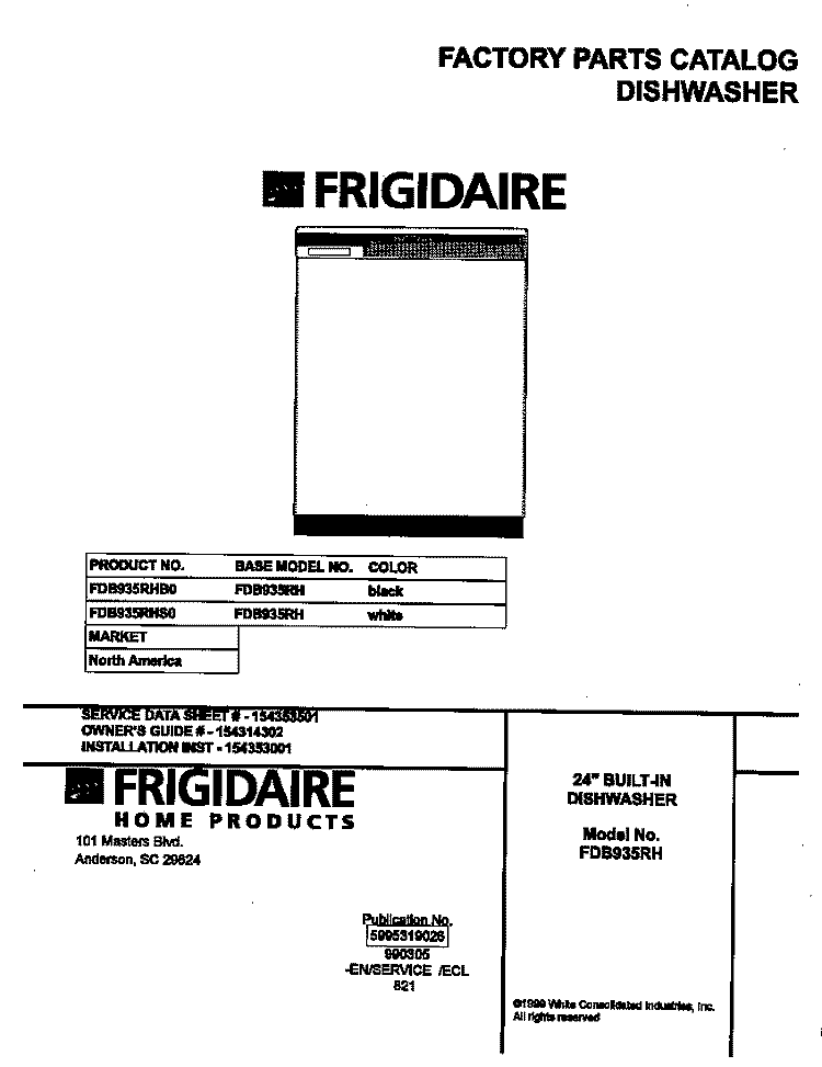 COVER Diagram and Parts List for FDB935RHB0  Frigidaire Dishwasher