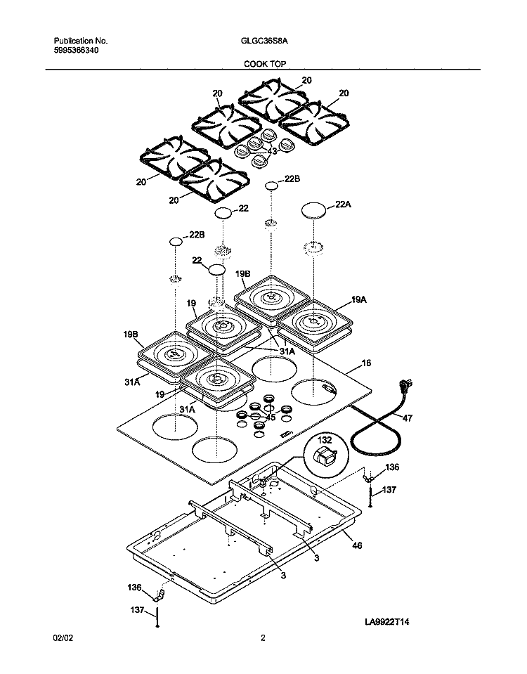 MAIN TOP Diagram and Parts List for GLGC36S8AQB  Frigidaire Cooktop