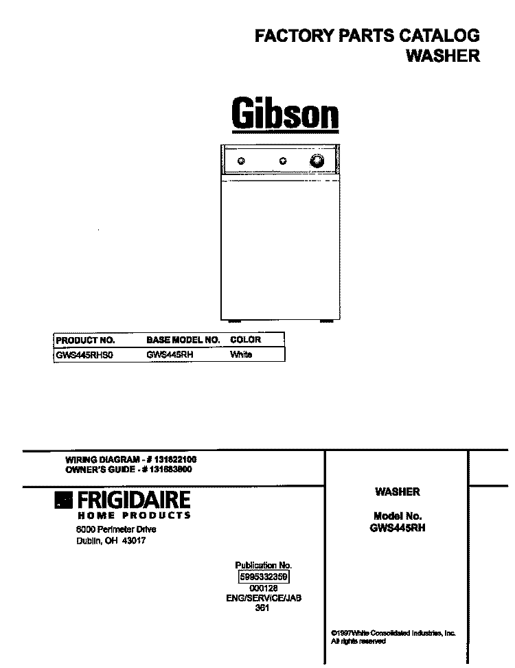 COVER Diagram and Parts List for GWS445RHS0  Gibson Washer