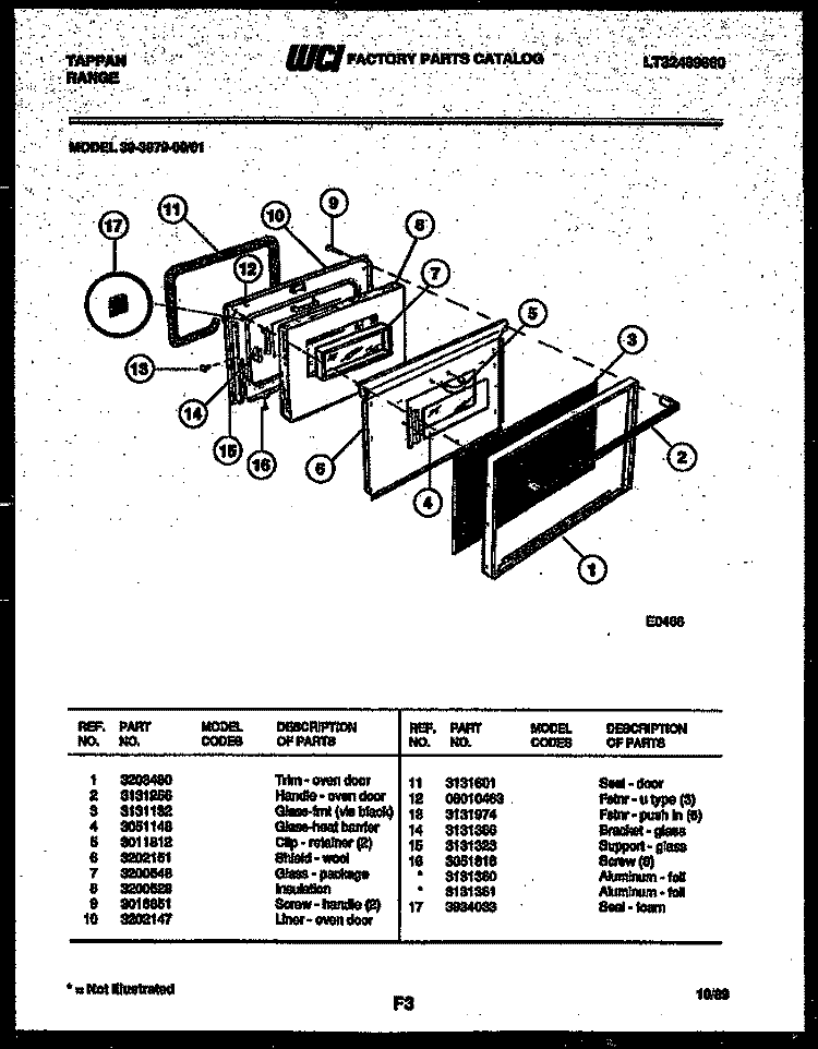 DOOR PARTS Diagram and Parts List for 30-3979-00-01  Tappan Range