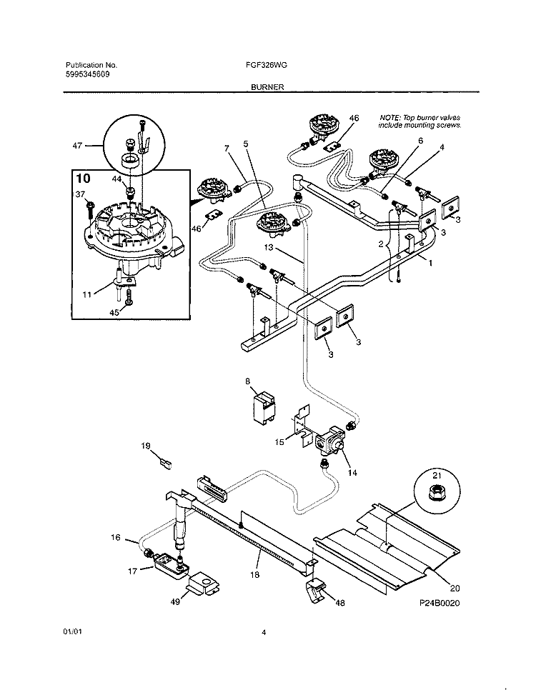 BURNER Diagram and Parts List for FGF326WGTH  Frigidaire Range