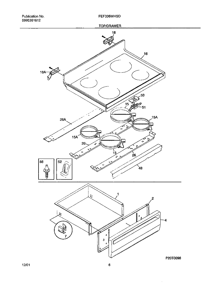 TOP / DRAWER Diagram and Parts List for FEF336WHSD  Frigidaire Range