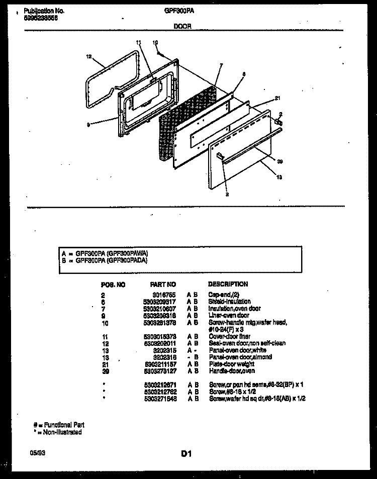 DOOR PARTS Diagram and Parts List for GPF300PAWA  Gibson Cooktop
