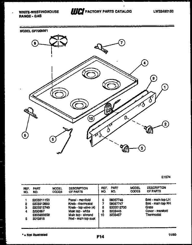 COOKTOP PARTS Diagram and Parts List for GF720NW1  Frigidaire Range