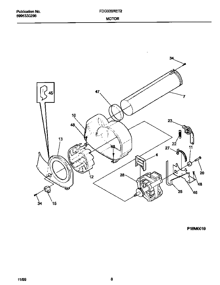 P16M0019 MOTOR, BLOWER Diagram and Parts List for FDG336RET2  Frigidaire Dryer