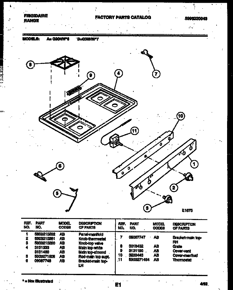 COOKTOP PARTS Diagram and Parts List for G30NW7  Frigidaire Range