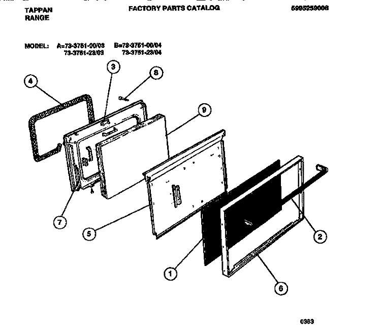 DOOR Diagram and Parts List for 73-3751-00-04  Tappan Range