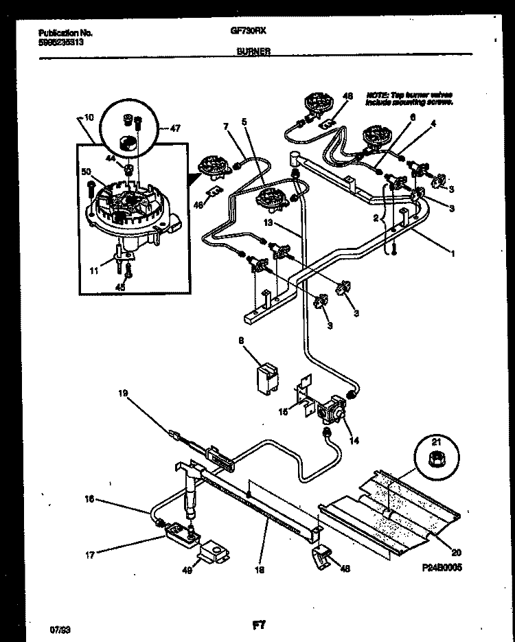 BURNER, MANIFOLD AND GAS CONTROL Diagram and Parts List for GF730RXD2  Frigidaire Range
