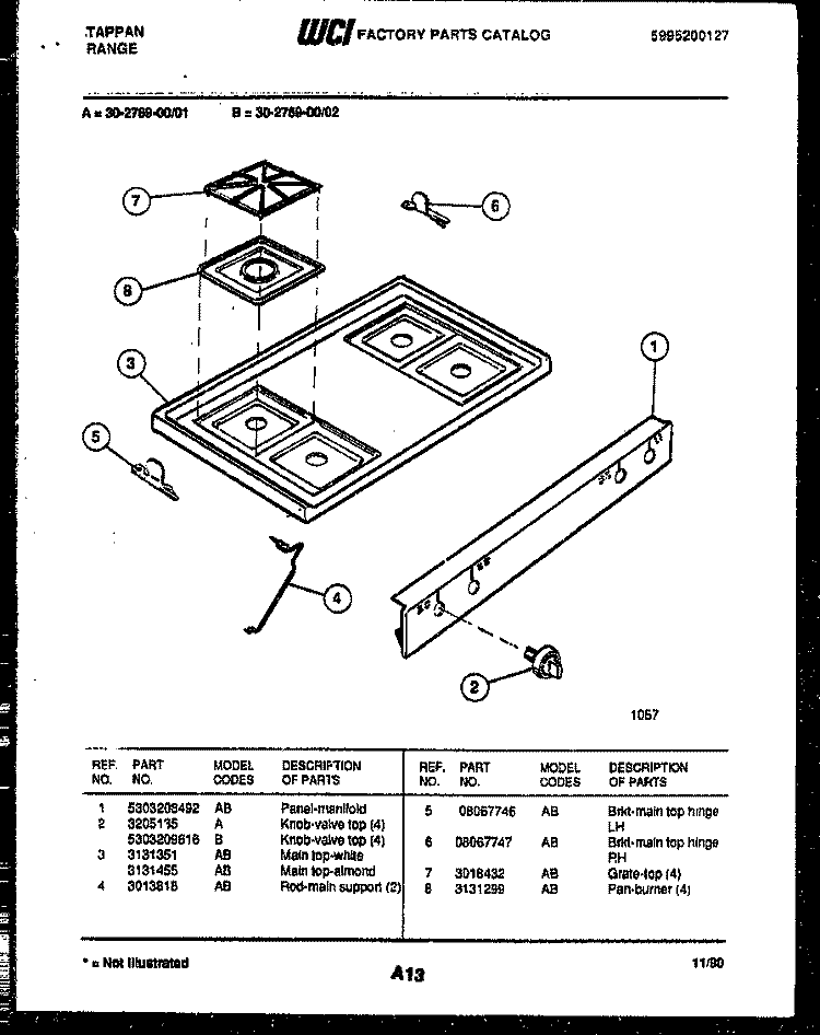 COOKTOP PARTS Diagram and Parts List for 30-2769-00-01  Tappan Range