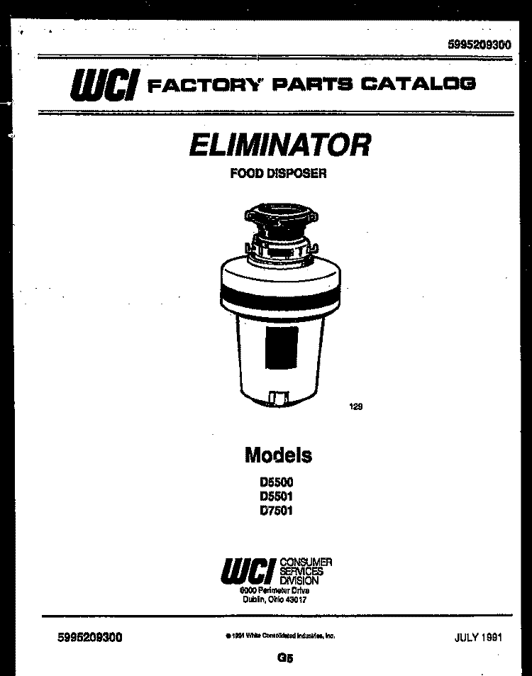 COVER Diagram and Parts List for D5500  Frigidaire Food Waste Disposer