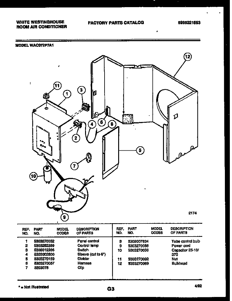 ELECTRICAL PARTS Diagram and Parts List for WAC072P7A1  Frigidaire Air Conditioner