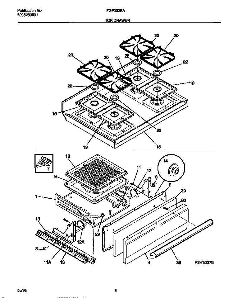 TOP / DRAWER Diagram and Parts List for FGF333BAWE  Frigidaire Range