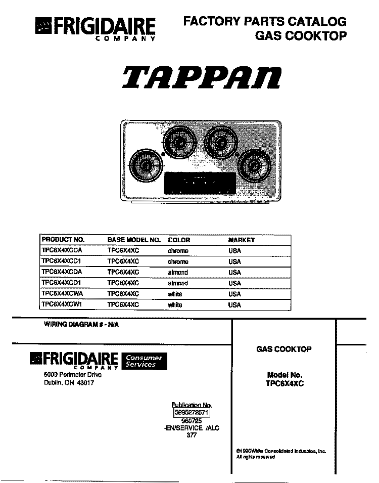 COVER Diagram and Parts List for TPC6X4XCDA  Tappan Cooktop