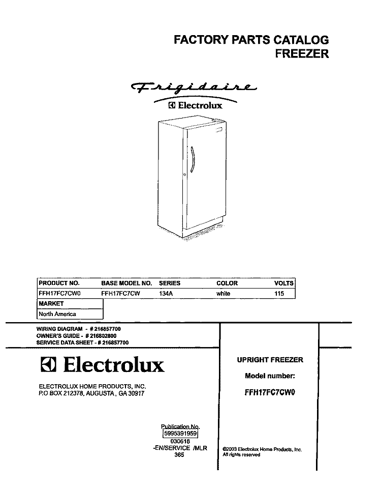 COVER Diagram and Parts List for FFH17FC7CW0  Frigidaire Freezer