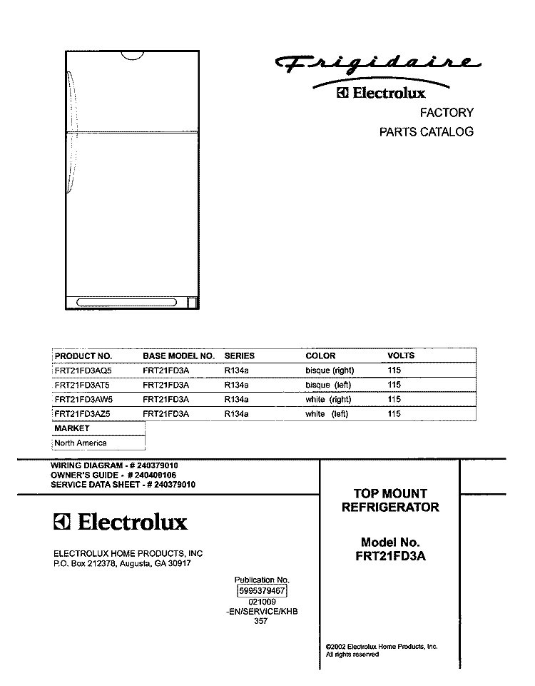 COVER Diagram and Parts List for FRT21FD3AT5  Frigidaire Refrigerator
