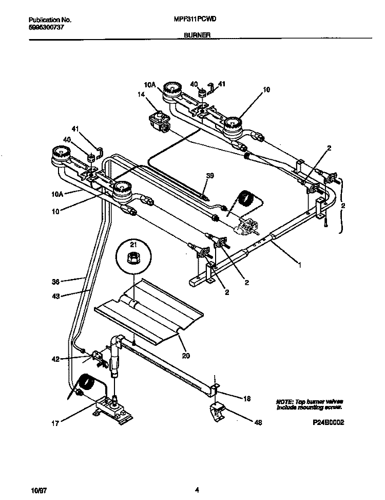 BURNER Diagram and Parts List for MPF311PCWD  Frigidaire Range