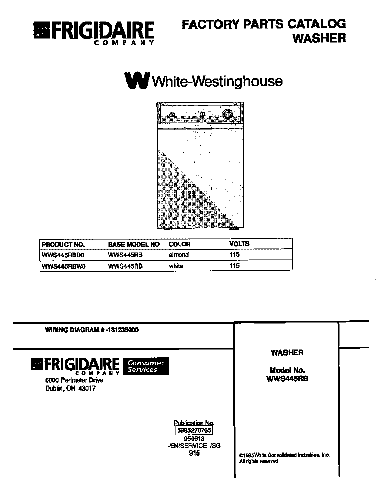 COVER Diagram and Parts List for WWS445RBW0  Frigidaire Washer