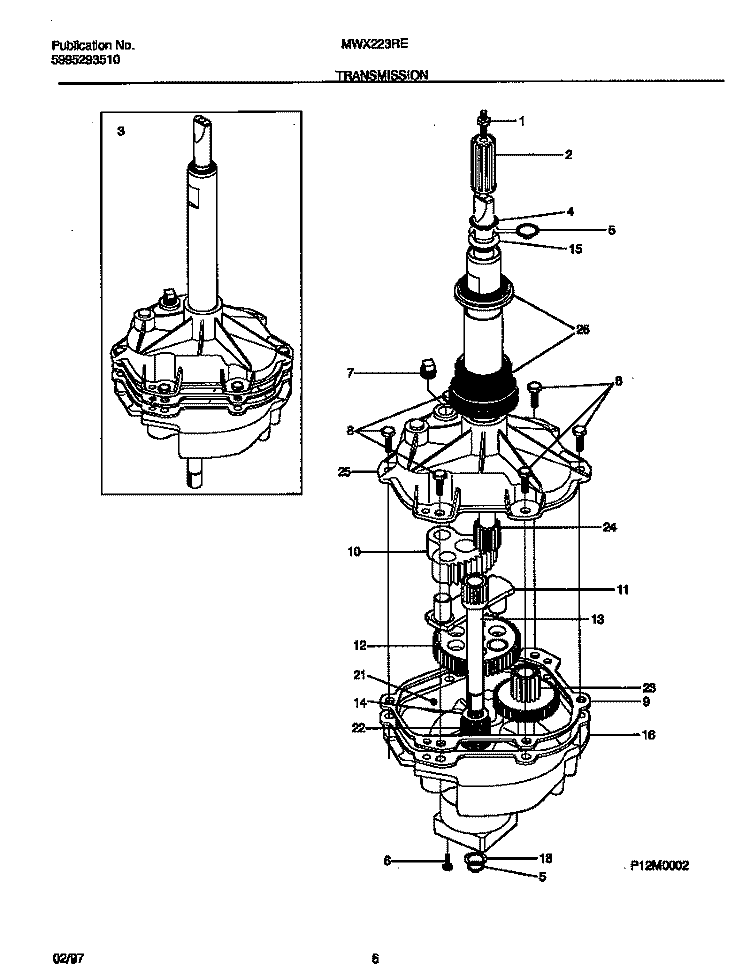 TRANSMISSION Diagram and Parts List for MWX223REW1  Frigidaire Washer