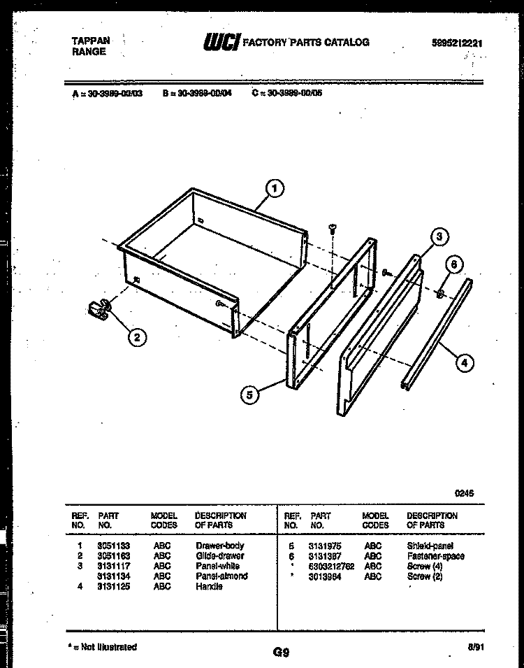 DRAWER PARTS Diagram and Parts List for 30-3989-00-03  Tappan Range