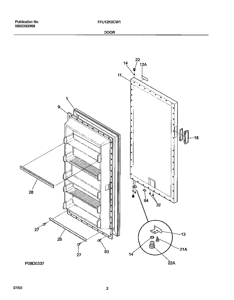 DOOR Diagram and Parts List for FFU12K0CW1  Frigidaire Freezer