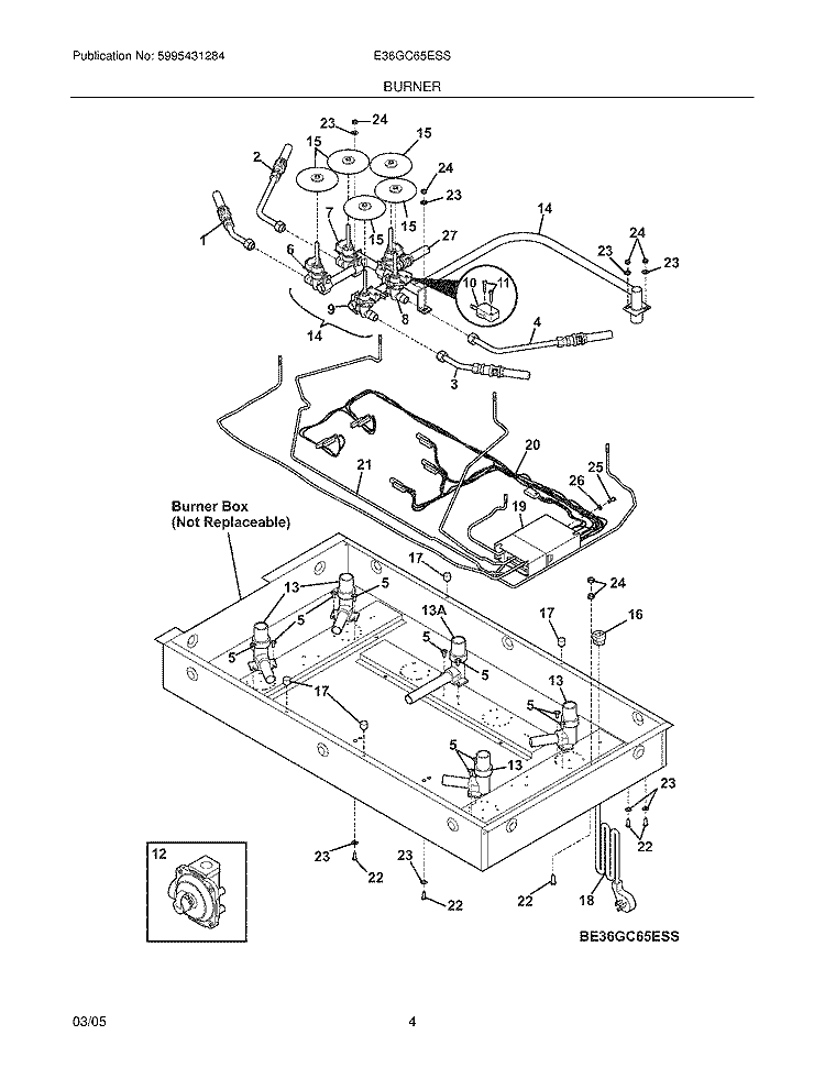 BURNER Diagram and Parts List for E36GC65ESS  Electrolux Cooktop