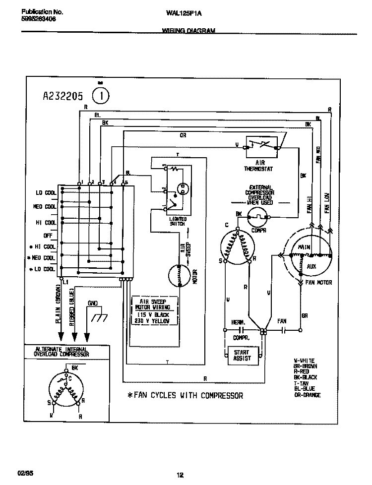 WIRING DIAGRAM Diagram and Parts List for WAL125P1A5  Frigidaire Air Conditioner