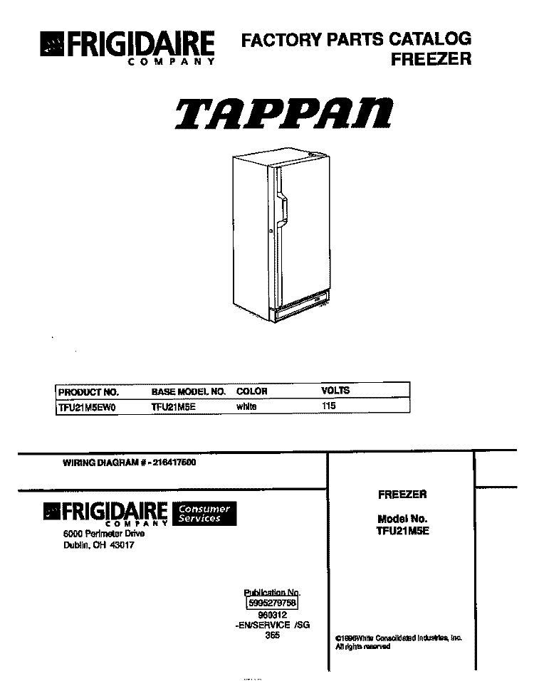 COVER Diagram and Parts List for TFU21M5EW0  Tappan Freezer