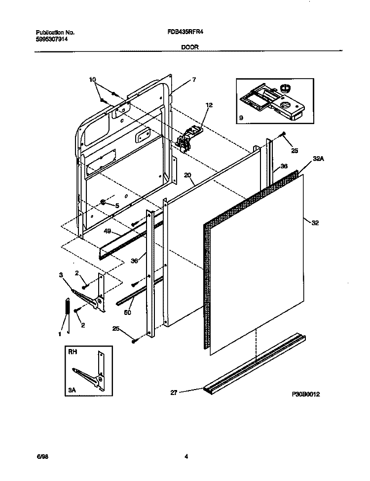 DOOR Diagram and Parts List for FDB435RFR4  Frigidaire Dishwasher