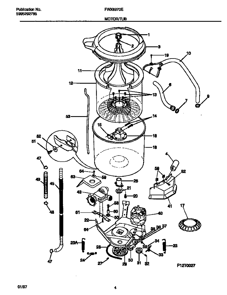 MOTOR / TUB Diagram and Parts List for FWX6970EW1  Frigidaire Washer