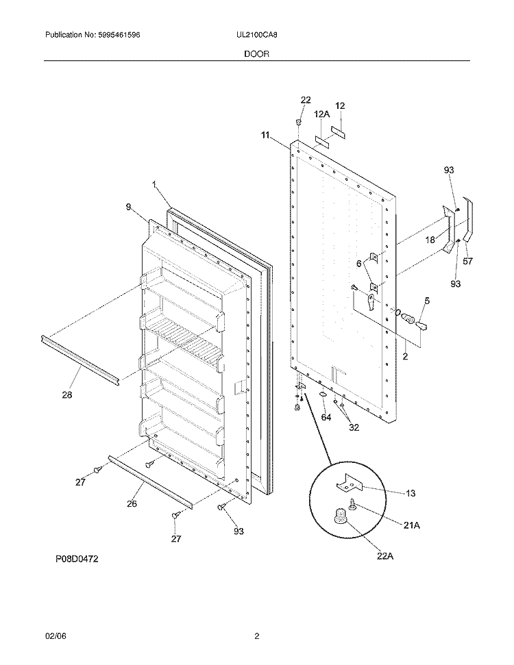DOOR Diagram and Parts List for UL2100CA8  Electrolux Freezer