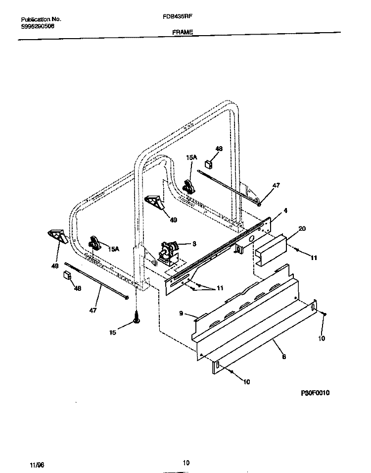 FRAME Diagram and Parts List for FDB435RFR1  Frigidaire Dishwasher