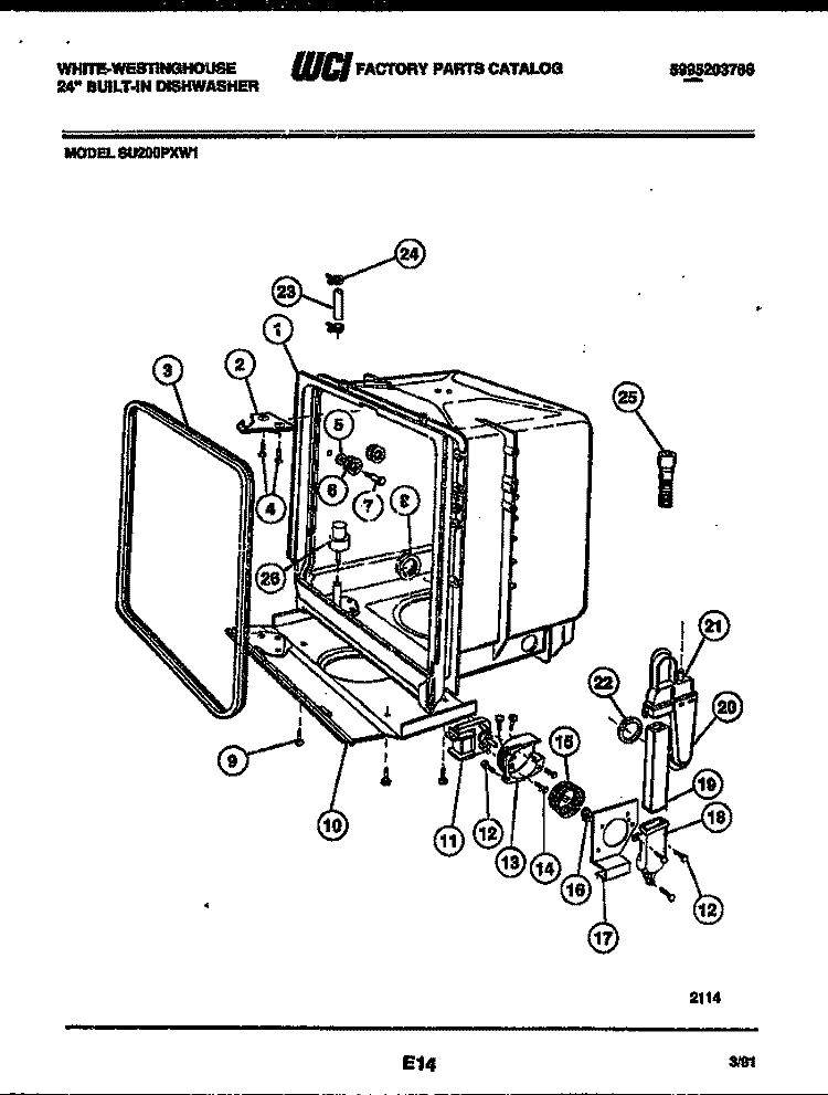 TUB AND FRAME PARTS Diagram and Parts List for SU200PXW1  Frigidaire Dishwasher