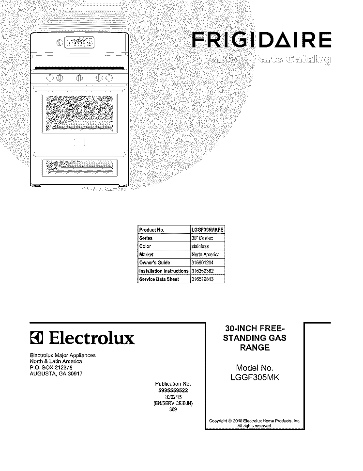COVER Diagram and Parts List for LGGF305MKFE  Frigidaire Range