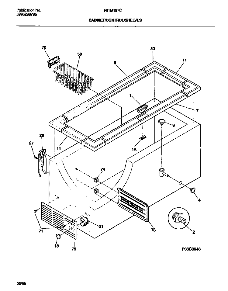 CABINET / CONTROL / SHELVES Diagram and Parts List for F81M187CW0  Frigidaire Freezer