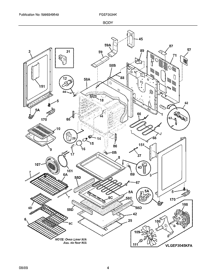BODY Diagram and Parts List for FGEF3034KBB  Frigidaire Range