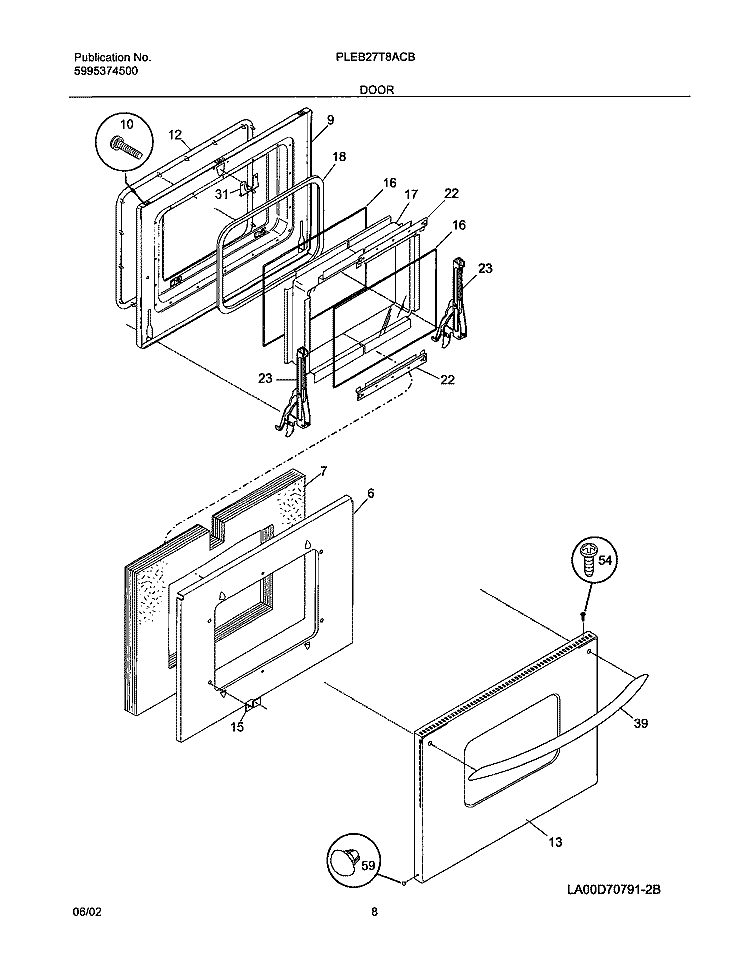 DOOR Diagram and Parts List for PLEB27T8ACB  Frigidaire Wall Oven