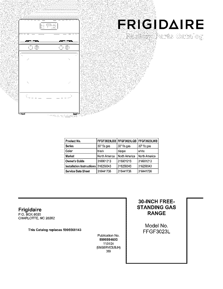 COVER Diagram and Parts List for FFGF3023LWB  Frigidaire Range
