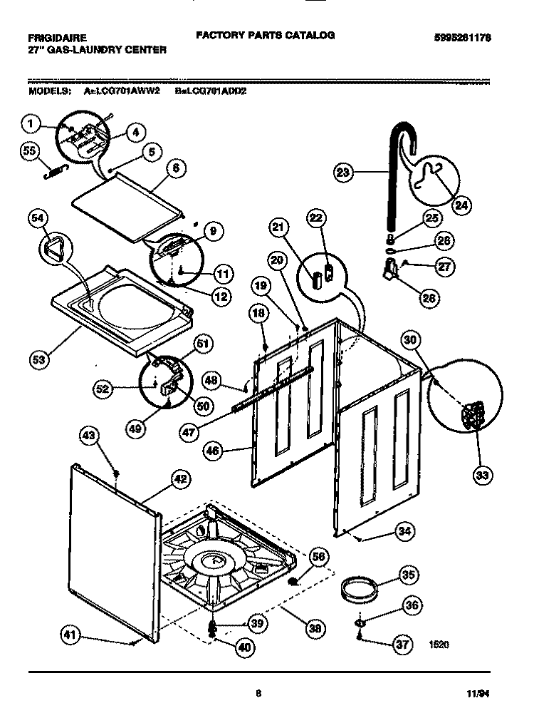 WASHER - CABINET, TOP PANEL, BASE Diagram and Parts List for LCG701ADD2  Frigidaire Washer Dryer Combo