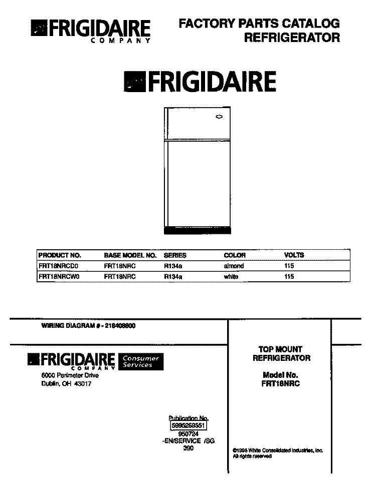 COVER Diagram and Parts List for FRT18NRCD0  Frigidaire Refrigerator
