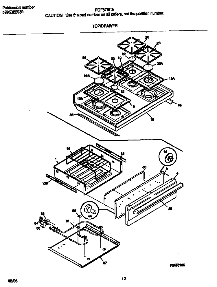 TOP / DRAWER Diagram and Parts List for FGF376CETM  Frigidaire Range