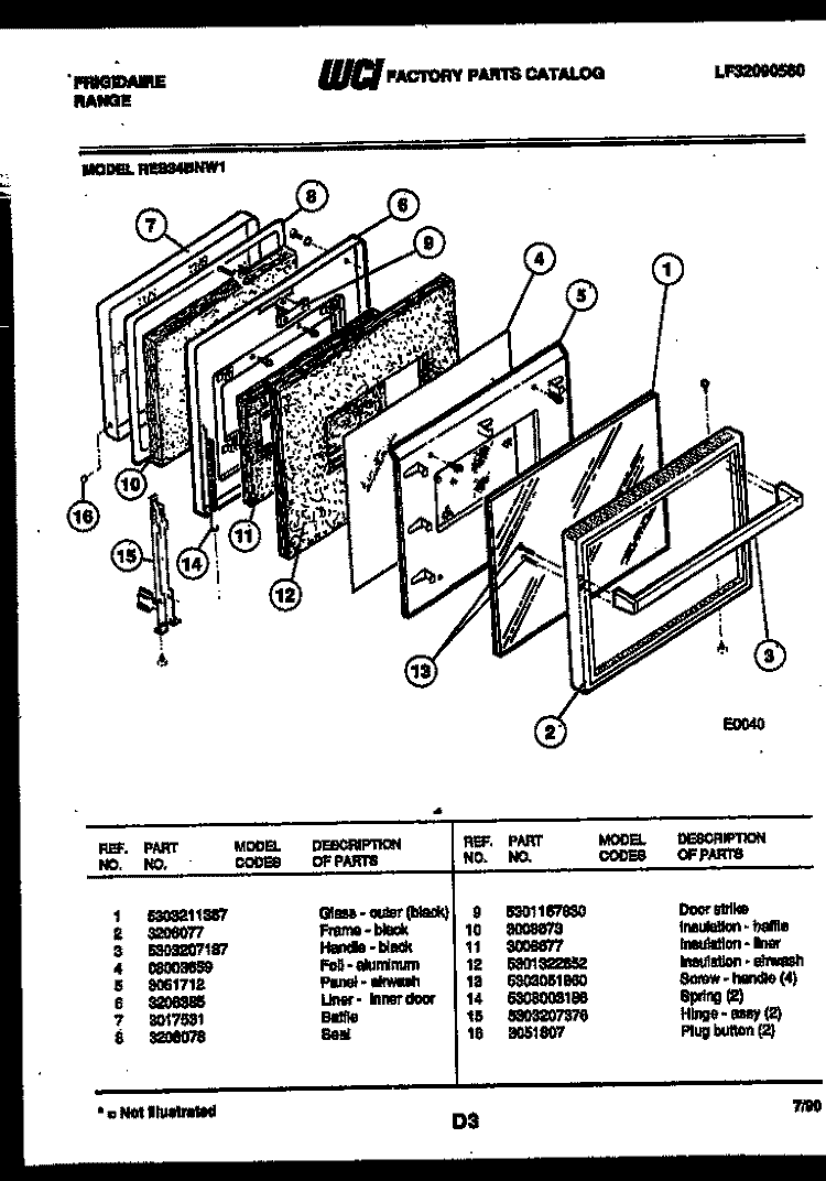 DOOR PARTS Diagram and Parts List for RES34BNL1  Frigidaire Range
