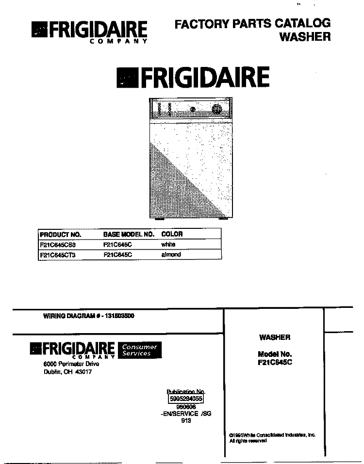 COVER Diagram and Parts List for F21C645CS3  Frigidaire Washer