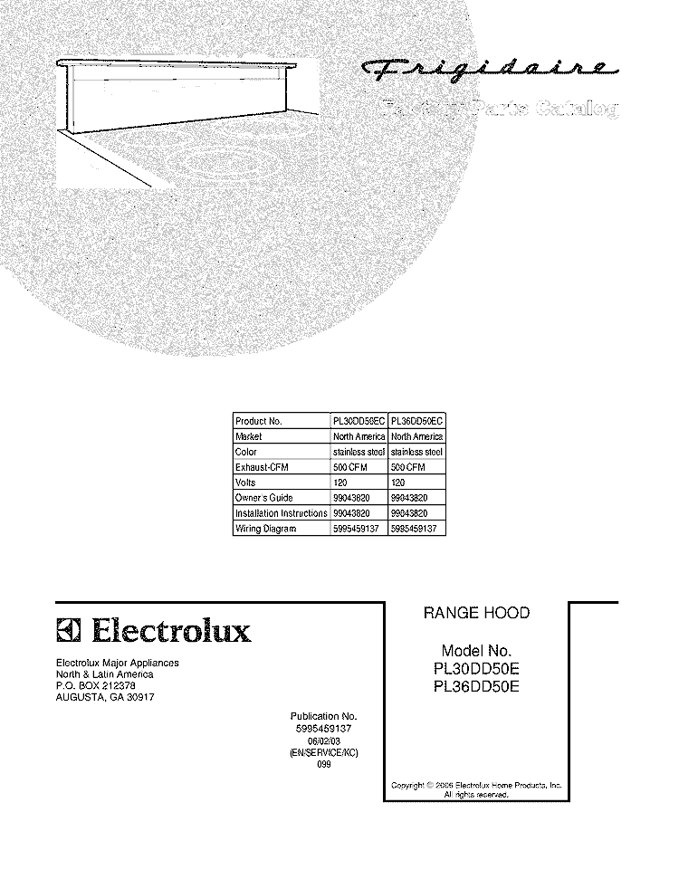 COVER Diagram and Parts List for PL36DD50EC  Frigidaire Range Hood