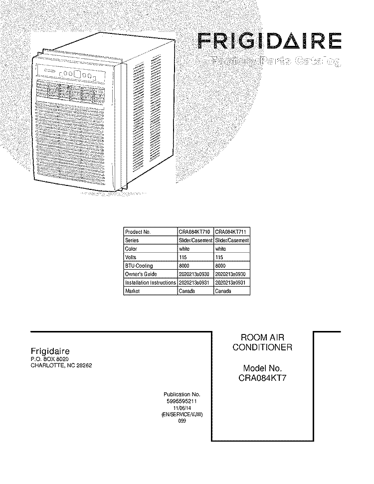 COVER Diagram and Parts List for CRA084KT711  Frigidaire Air Conditioner