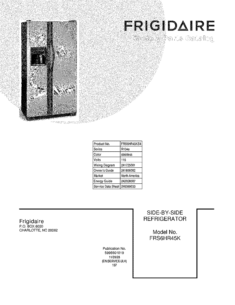 COVER Diagram and Parts List for FRS6HR45KS4  Frigidaire Refrigerator