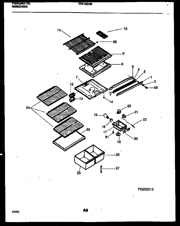 SHELVES AND SUPPORTS Diagram and Parts List for TPK180HN2W  Kelvinator Refrigerator