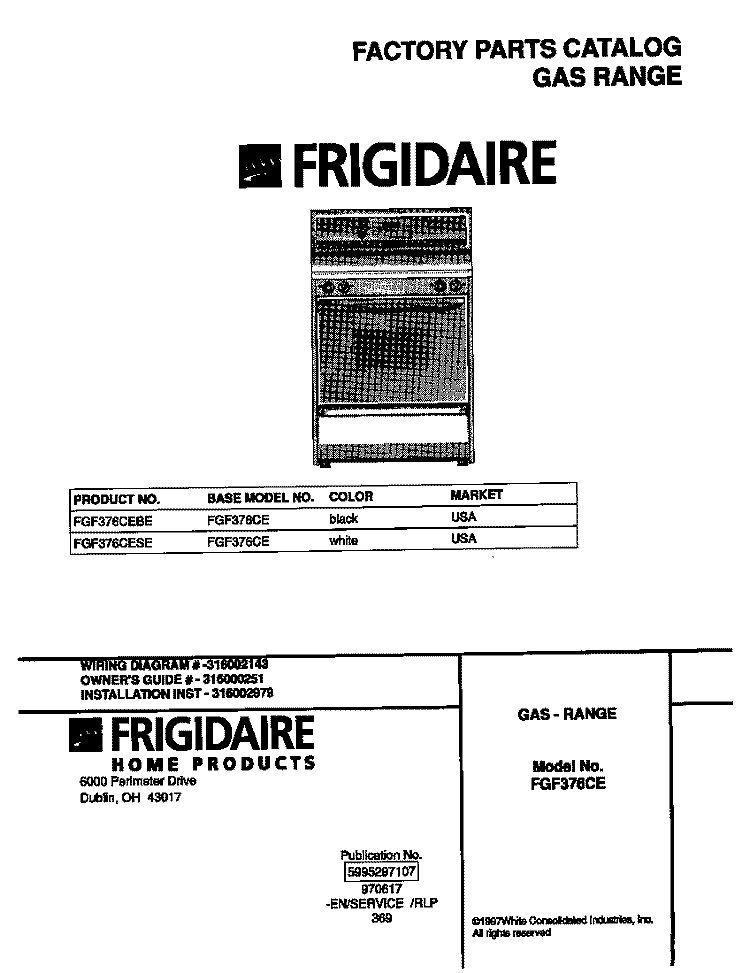 COVER Diagram and Parts List for FGF376CEBE  Frigidaire Range